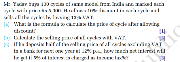 Mr. Yadav buys 100 cycles of same model from India and marked each cyc