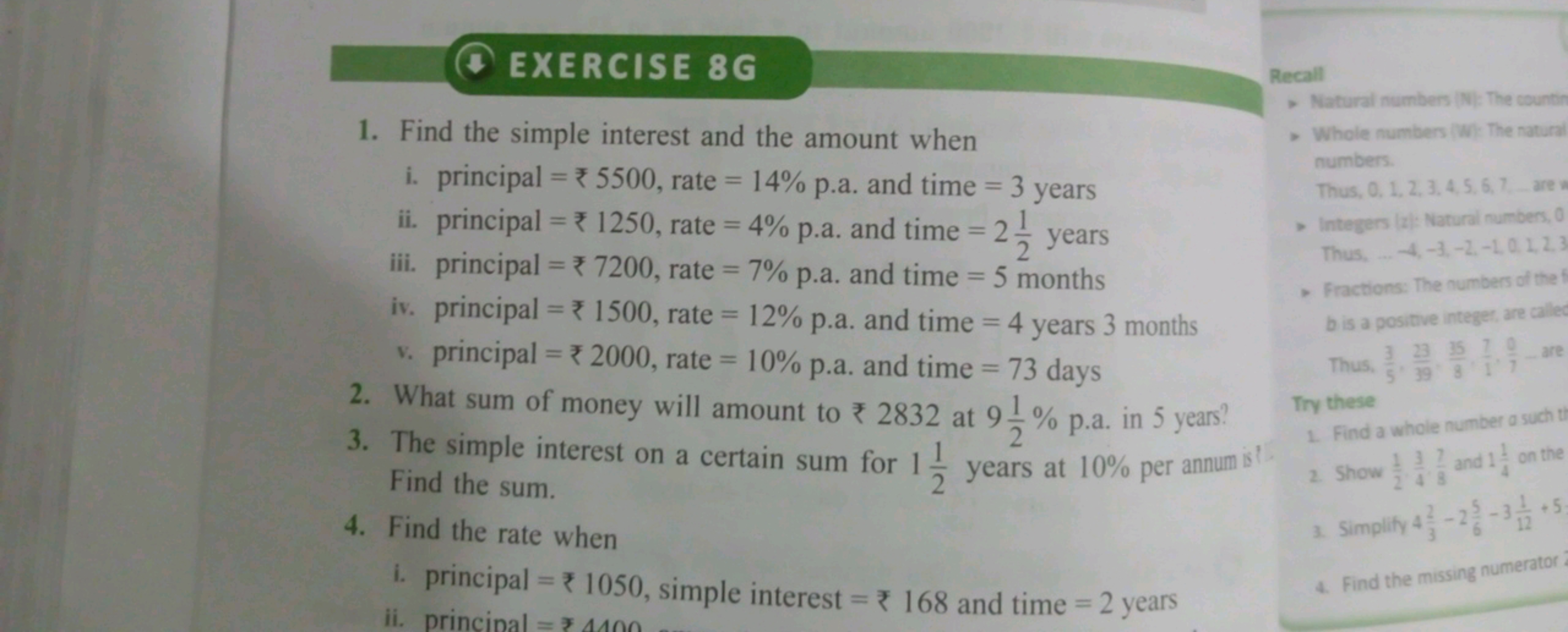 EXERCISE 8G
1. Find the simple interest and the amount when i. princip