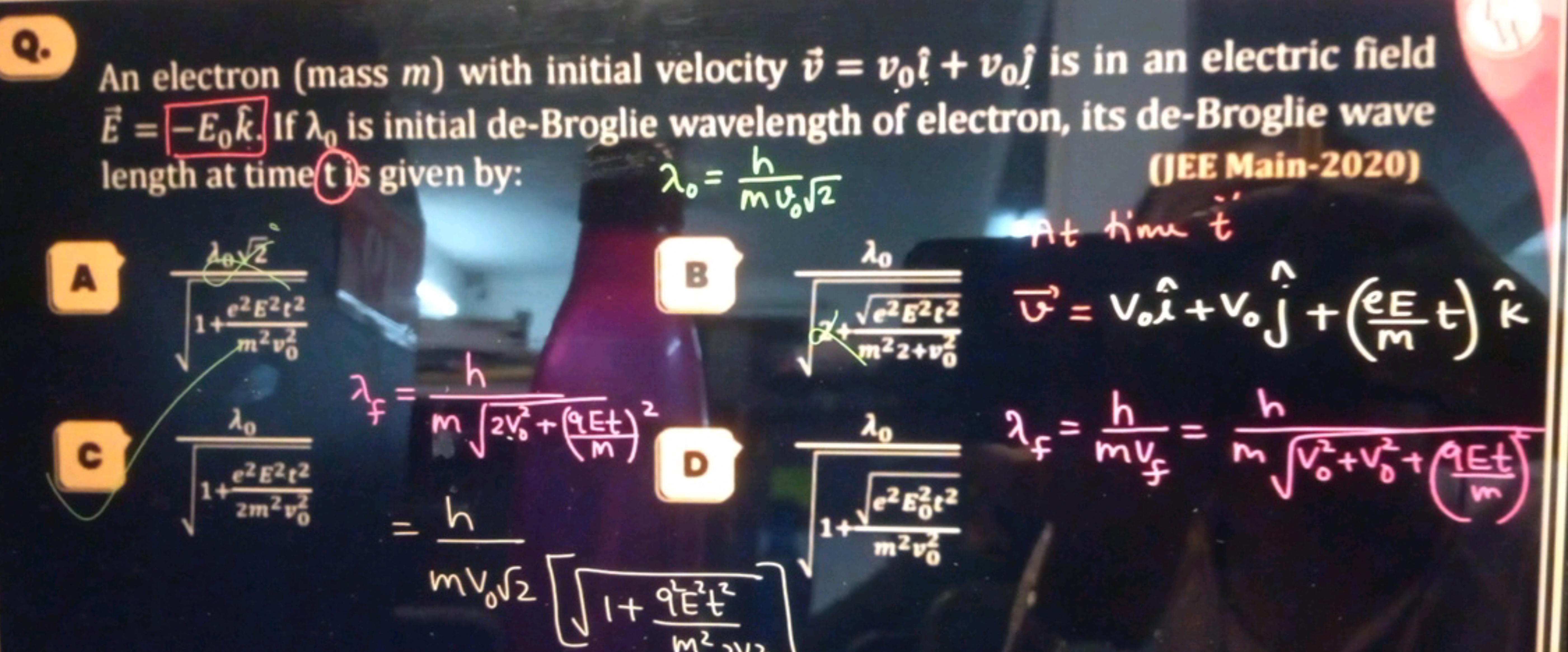 Q. An electron (mass m ) with initial velocity v=v0​?^+v0​ℓ^ is in an 