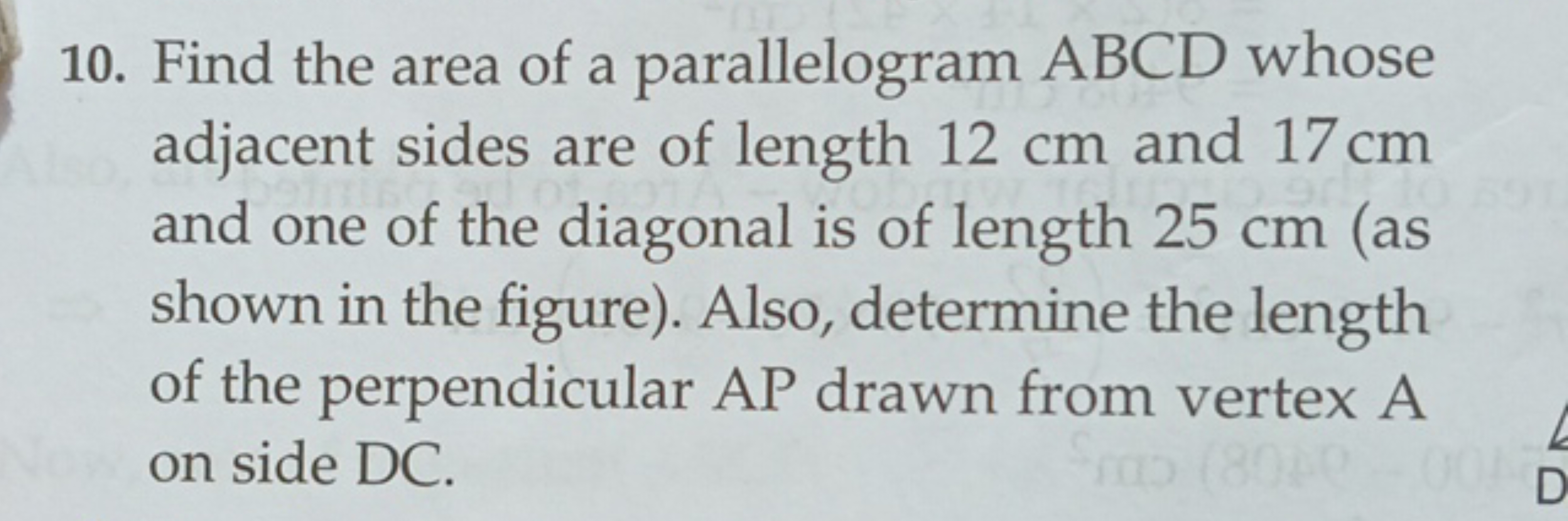 10. Find the area of a parallelogram ABCD whose adjacent sides are of 