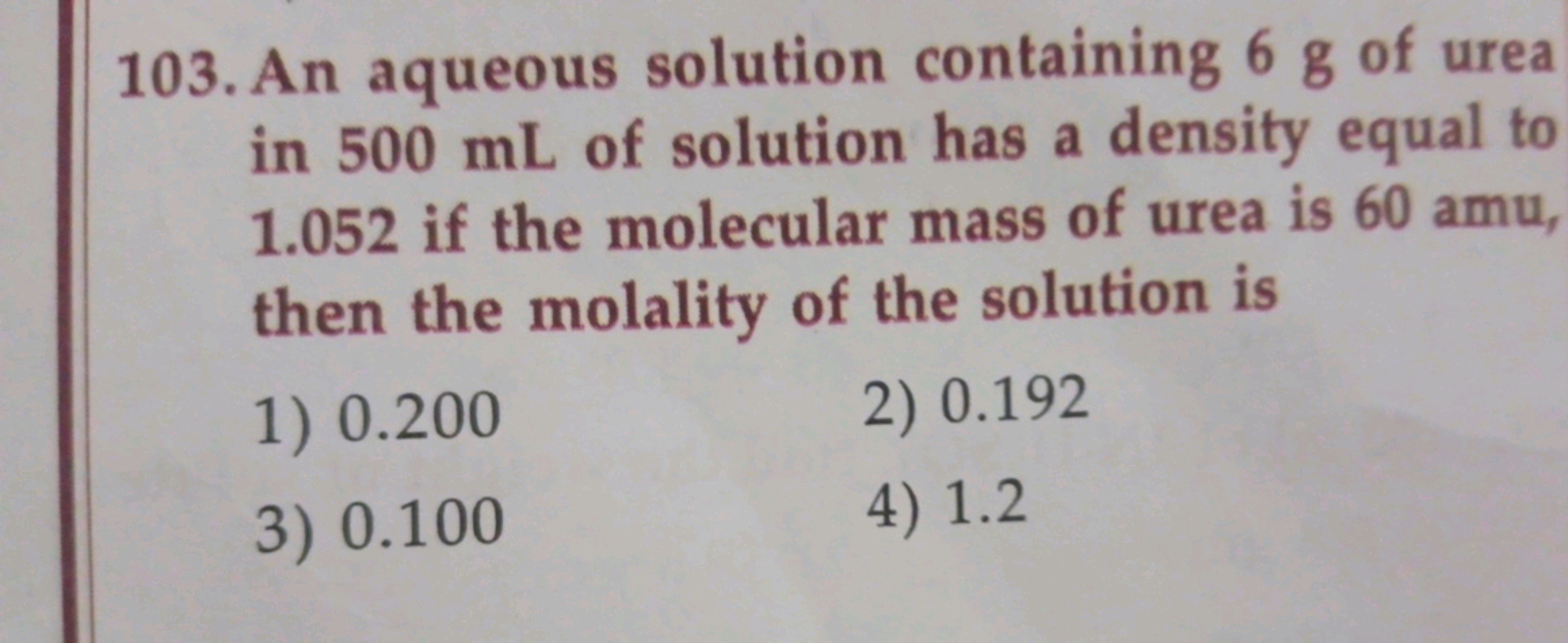 103. An aqueous solution containing 6 g of urea in 500 mL of solution 