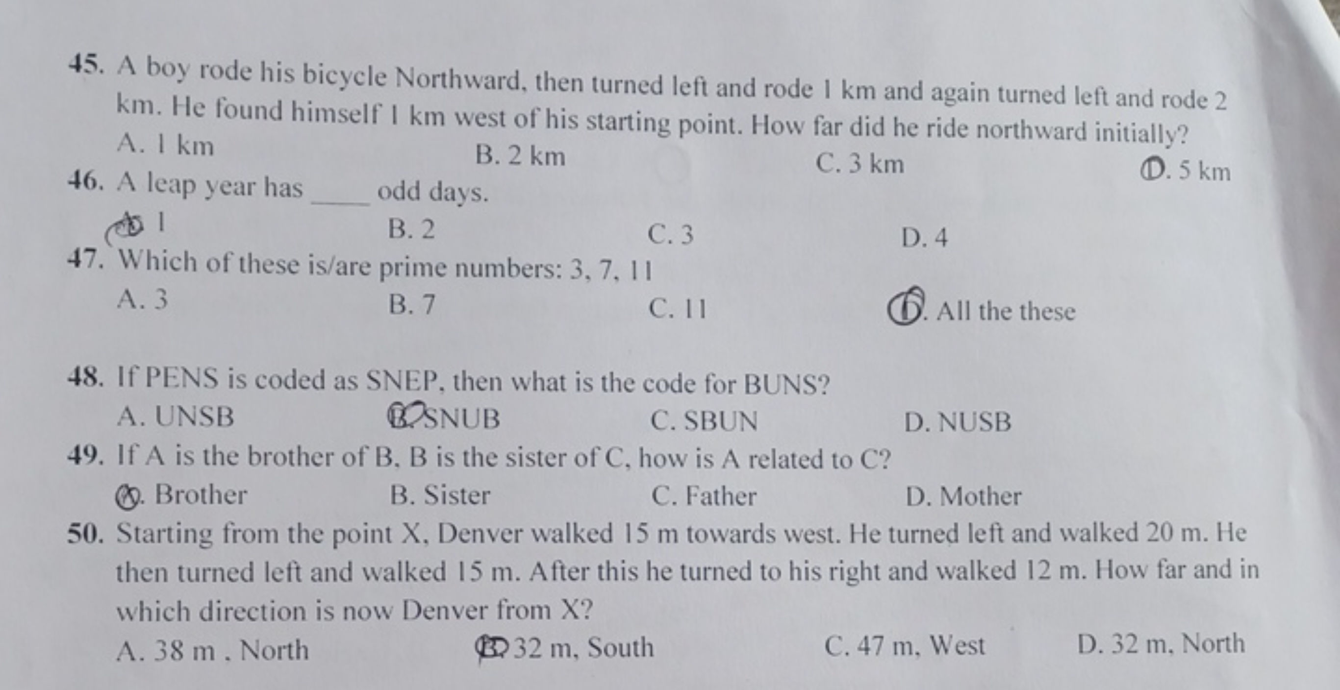 45. A boy rode his bicycle Northward, then turned left and rode 1 km a