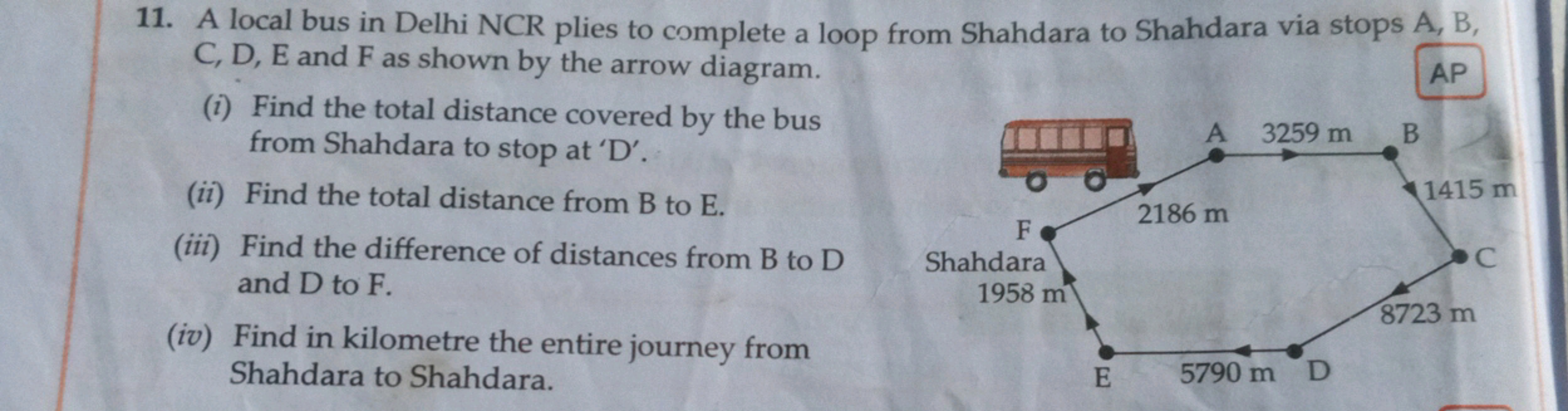 11. A local bus in Delhi NCR plies to complete a loop from Shahdara to