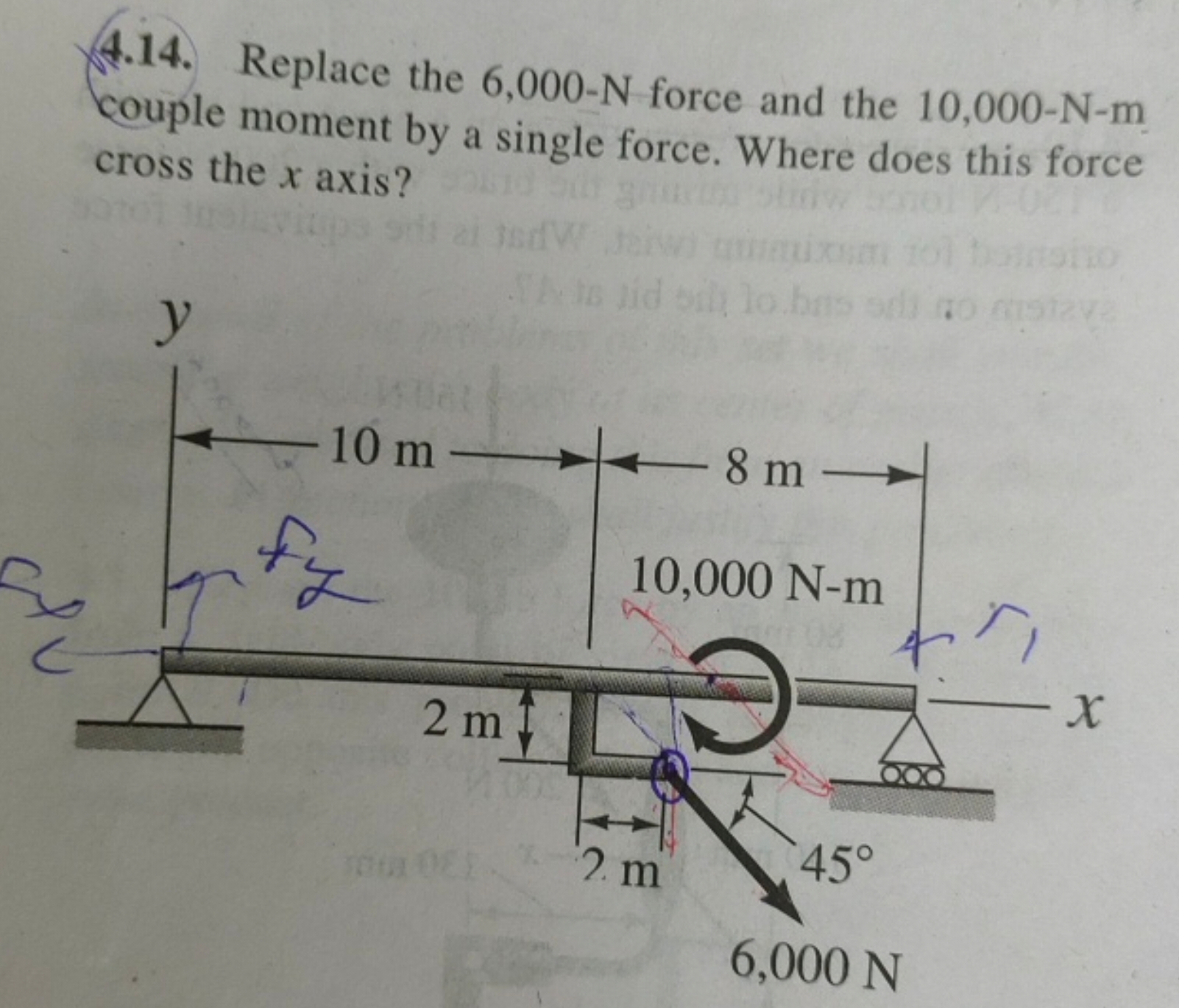 4.14. Replace the 6,000−N force and the 10,000−N−m couple moment by a 