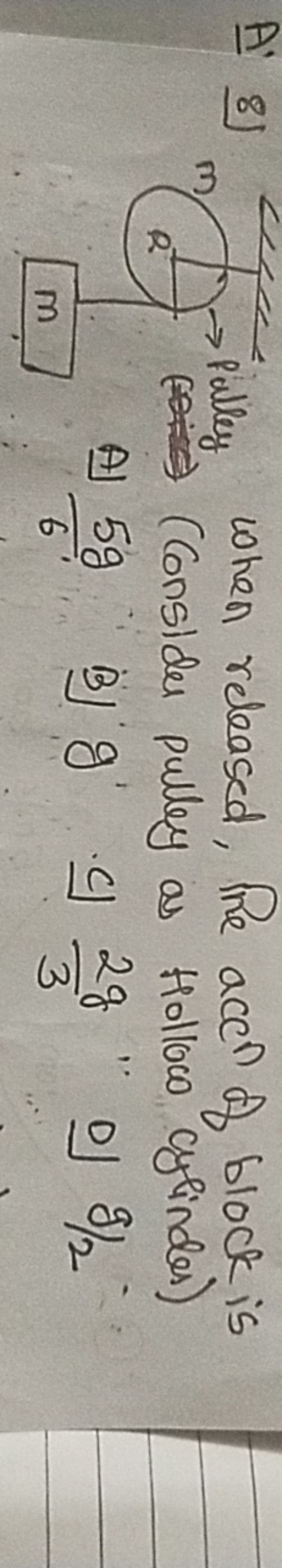 when released, he accent of block is (Consider pulley as Hollow cylind