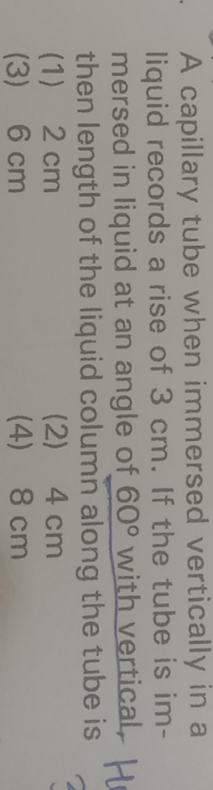 A capillary tube when immersed vertically in a liquid records a rise o