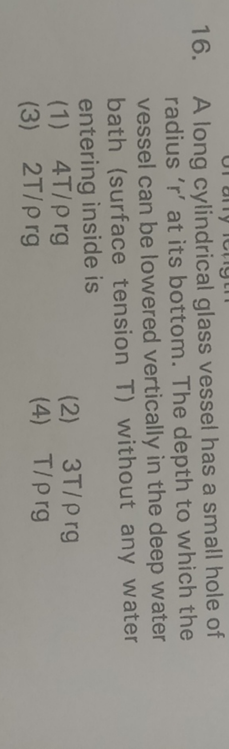 16. A long cylindrical glass vessel has a small hole of radius ' r ' a