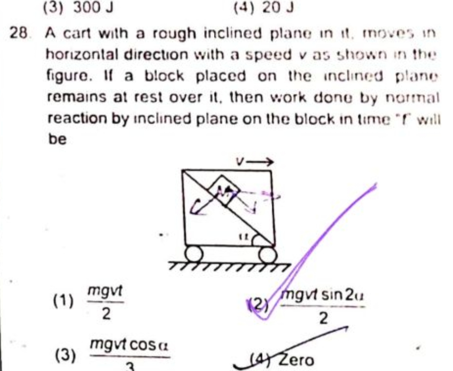 (3) 300 J
(4) 20 J
28. A cart with a rough inclined plane in it, moves