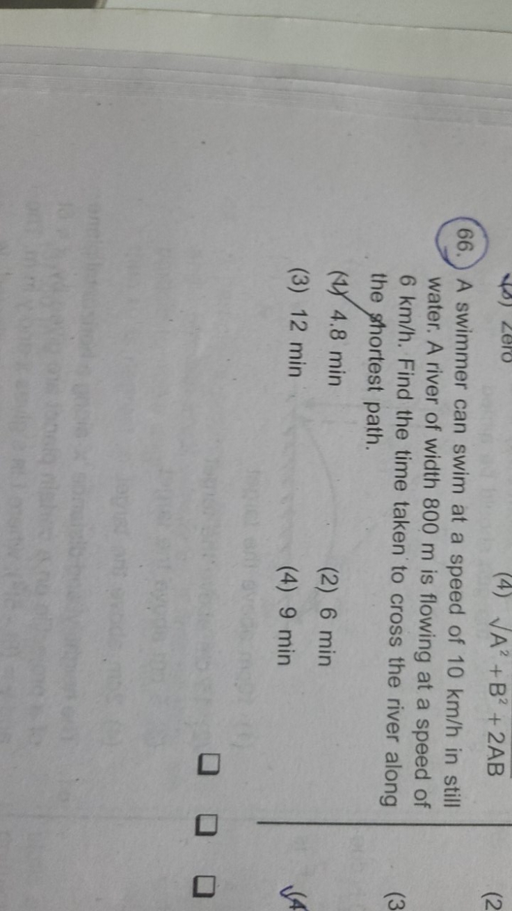 66. A swimmer can swim at a speed of 10 km/h in still water. A river o