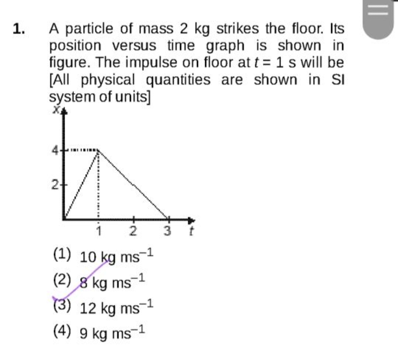 1. A particle of mass 2 kg strikes the floor. Its position versus time