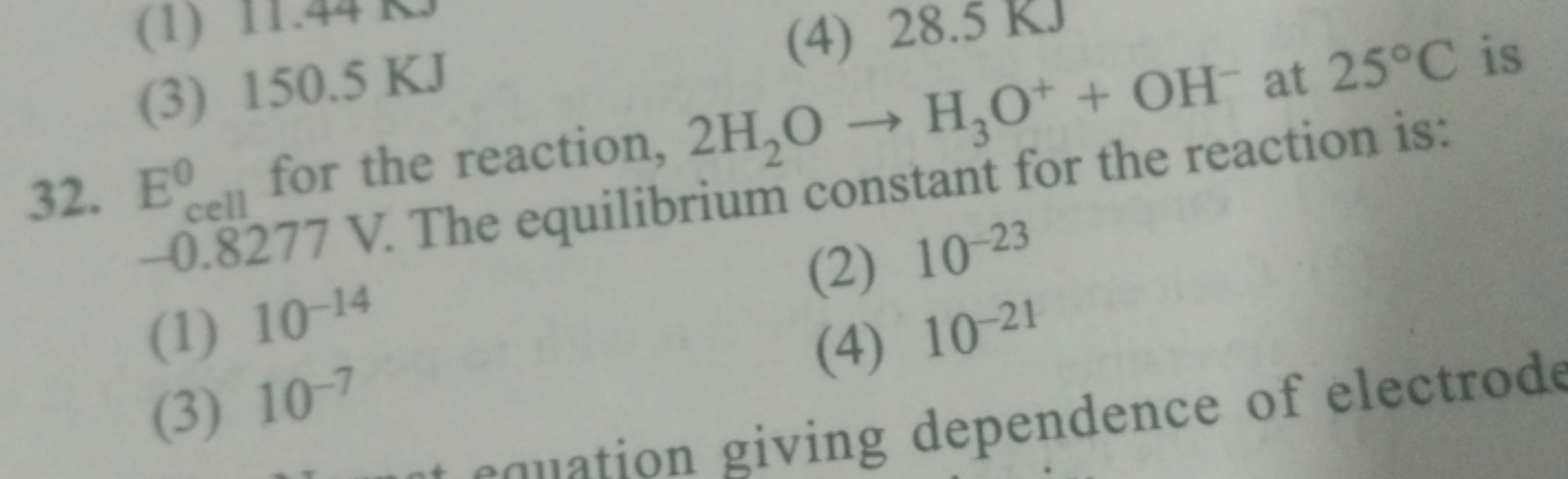 32. Ecell 0​ for the reaction, 2H2​O→H3​O++OH−at 25∘C is - 0.8277 V . 