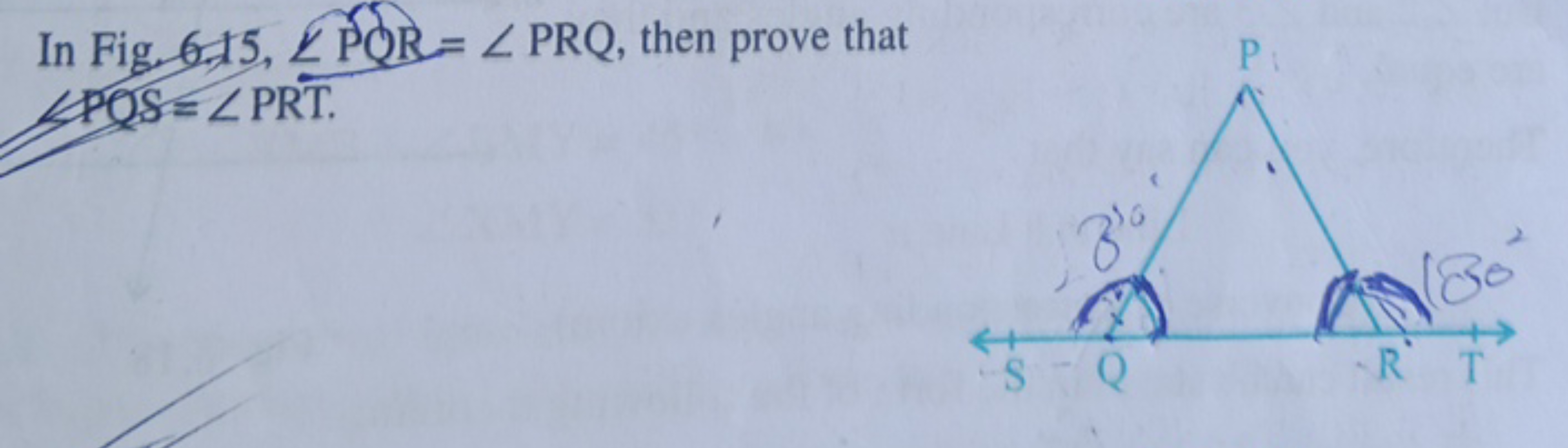 In Fig 615,∠PQR=∠PRQ, then prove that ∠POS=∠PRT.