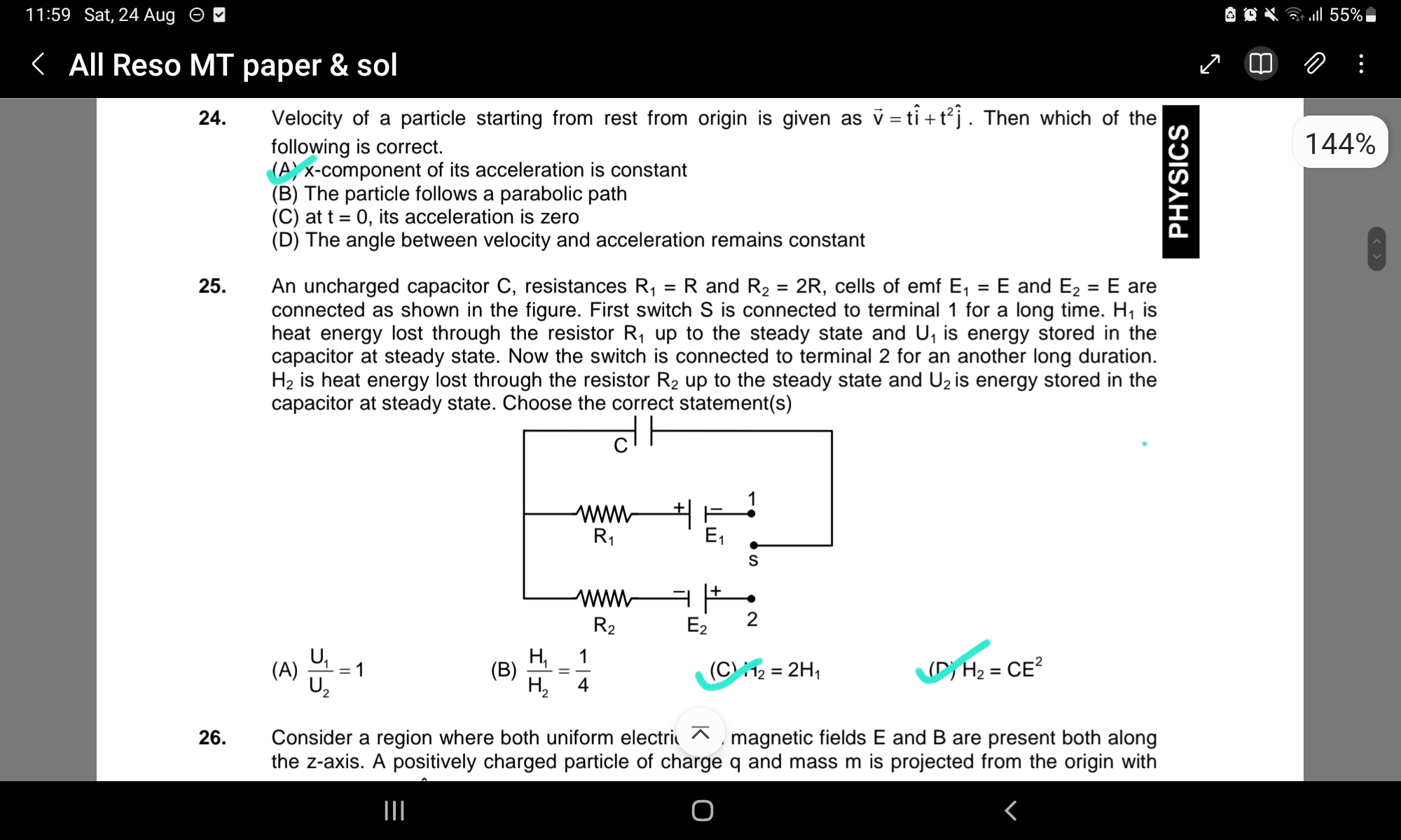 11:59 Sat, 24 Aug
Δ
心
All Reso MT paper \& sol
24. Velocity of a parti