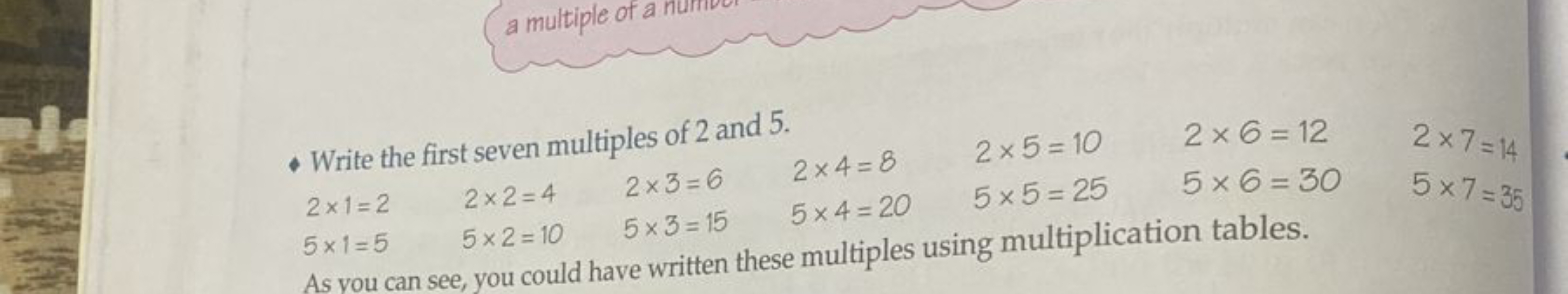 -Write the first seven multiples of 2 and 5 .
2×1=25×1=5​2×2=45×2=10​2