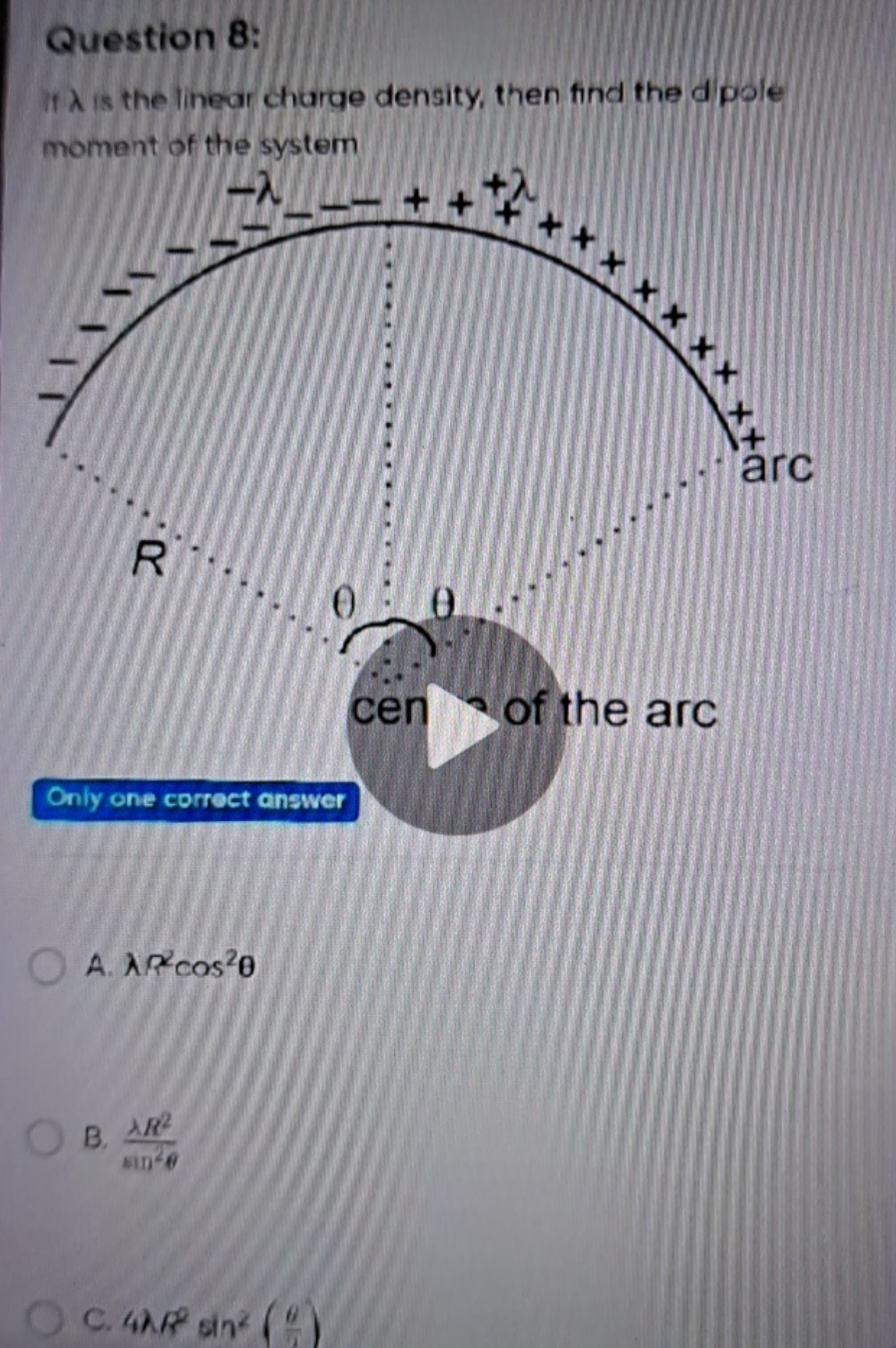 Question 8:
if λ is the linear charge density, then find the dpole mom