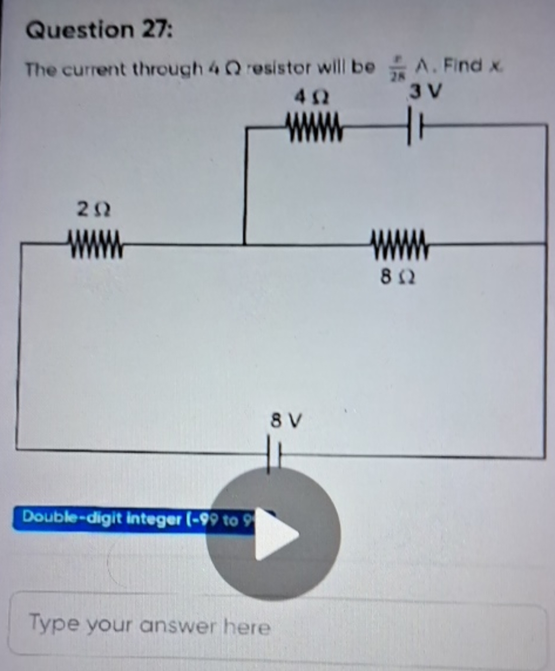 Question 27:
The current through 4Ω resistor will be 2πr​A. Find x

Ty