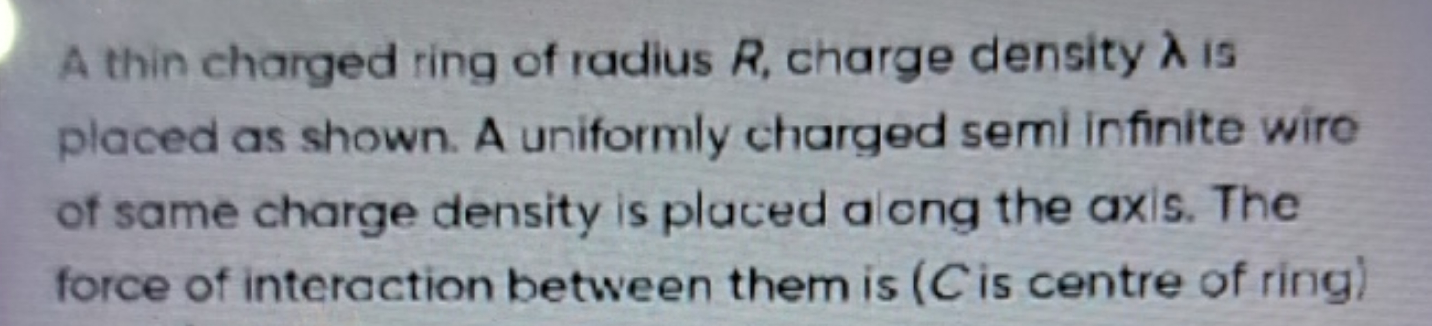 A thin charged ring of radius R, charge density λ is placed as shown. 