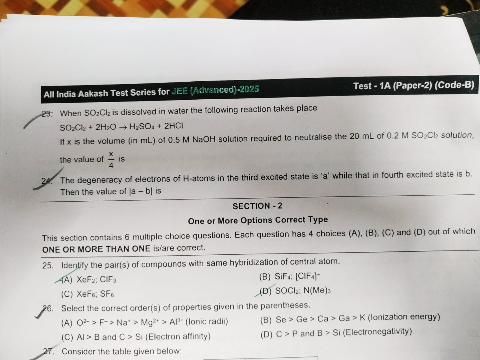 All India Aakash Test Series for JEE (Acivanced)-2025 Test - 1 A (Pape