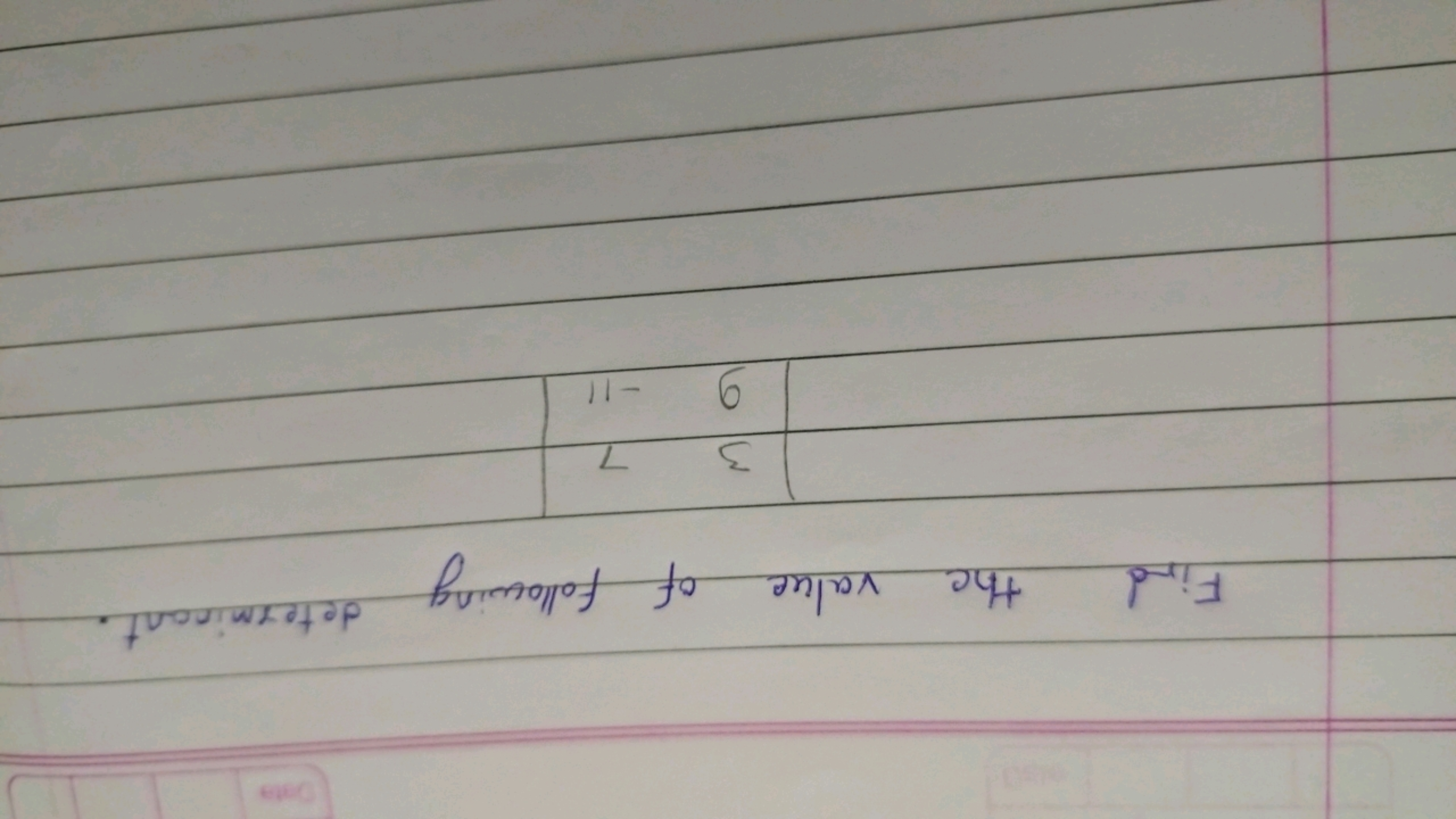 Date
Find
the value of following determinant
3
9 -11