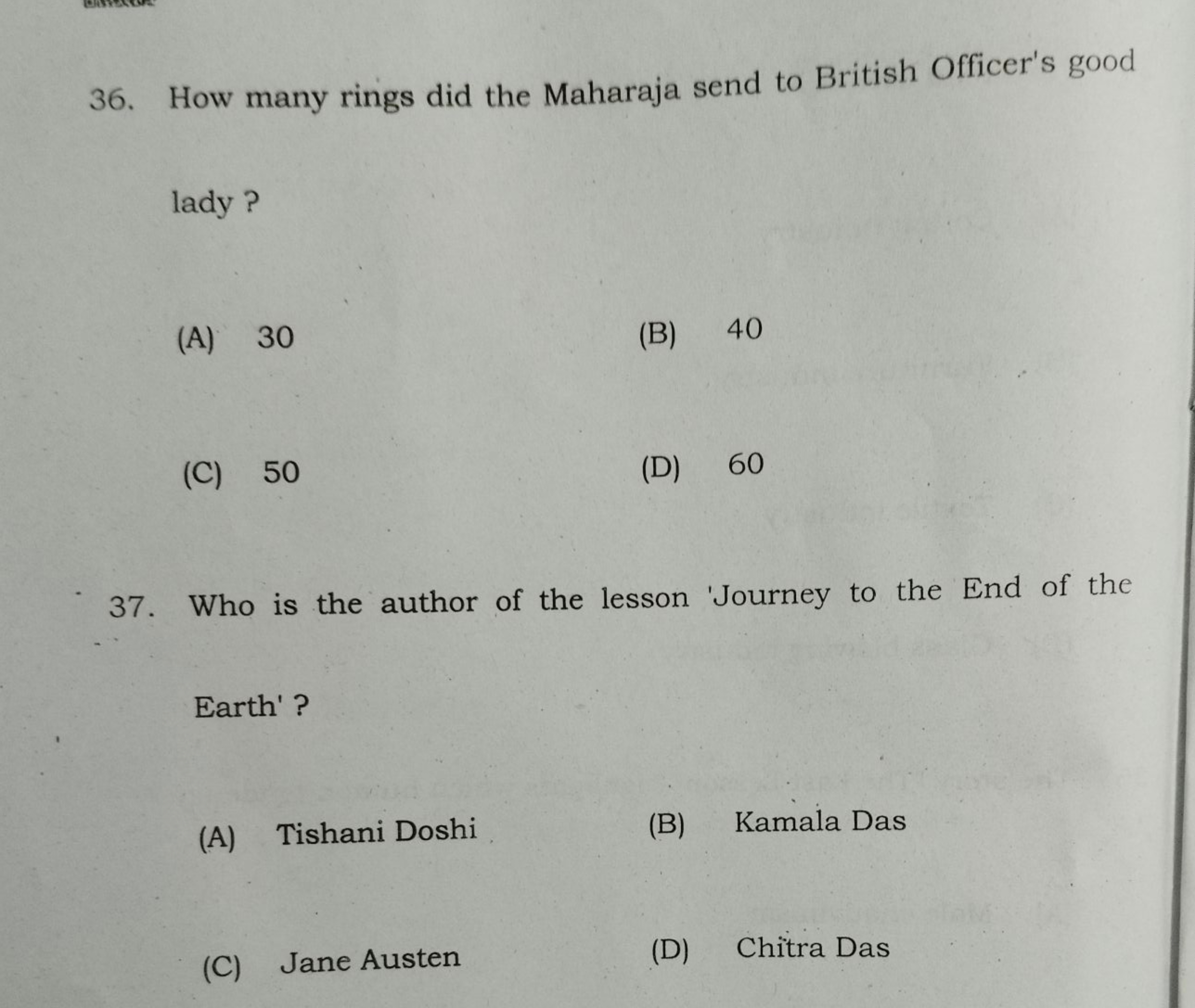 36. How many rings did the Maharaja send to British Officer's good
lad