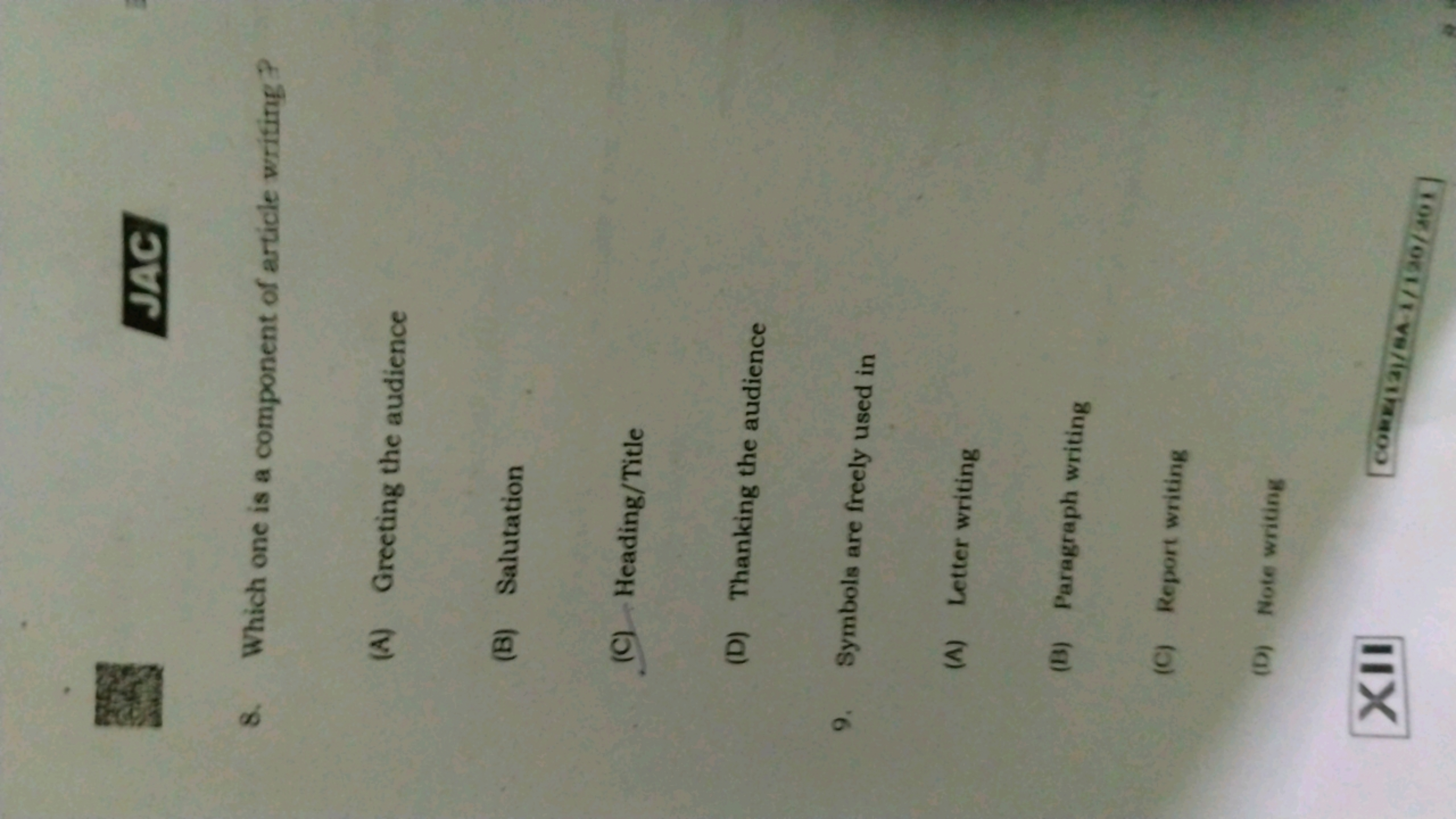 JAC
8. Which one is a component of article writing?
(A) Greeting the a