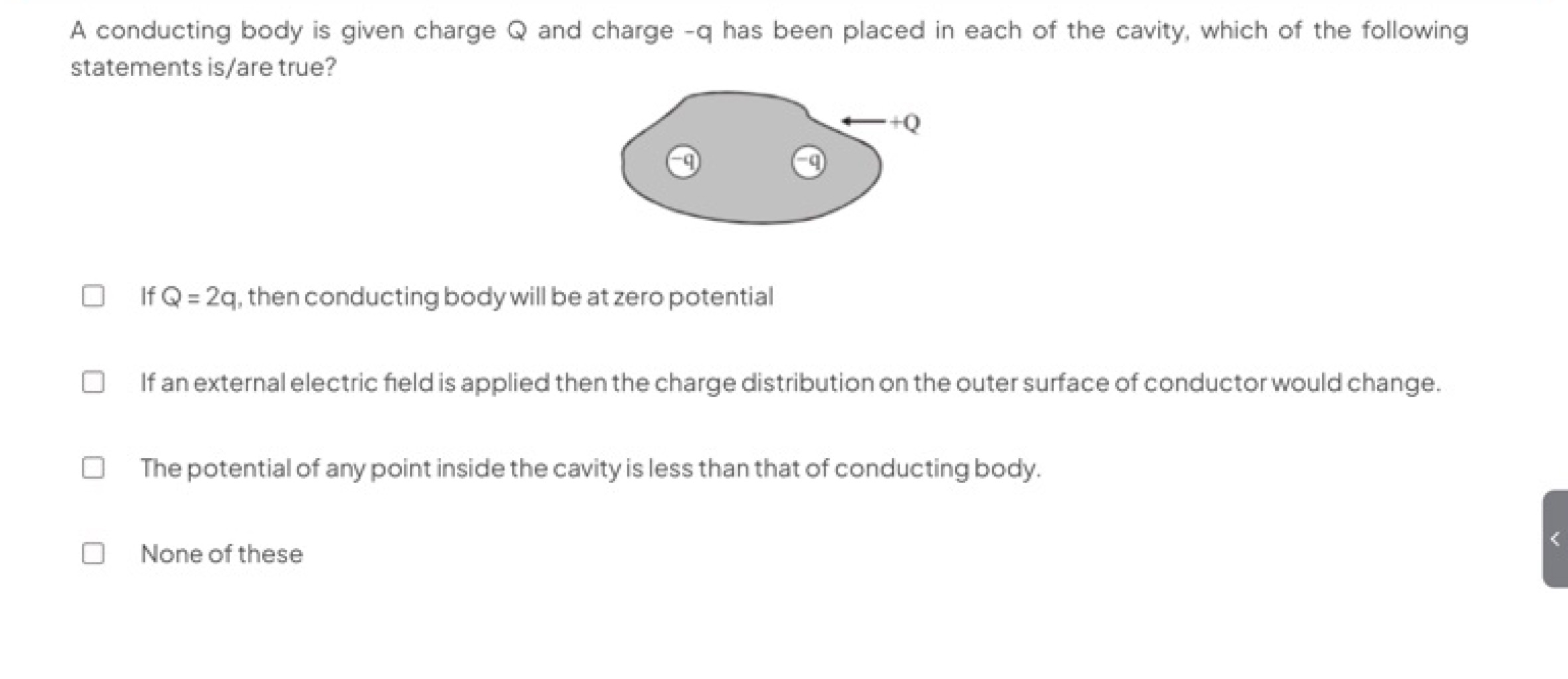 A conducting body is given charge Q and charge −q has been placed in e