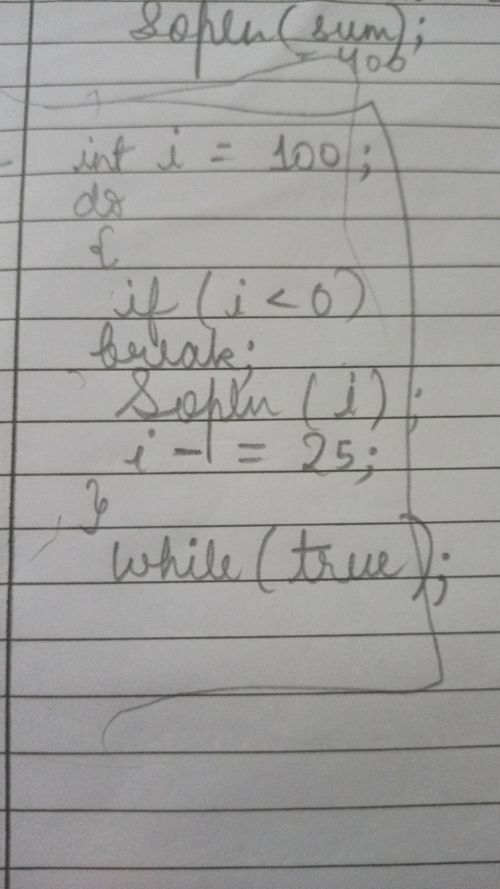  Sopen ( sum ; int i=100; dos  if (i<0) berle ; Sophy (i);i−1=25;​
\}
