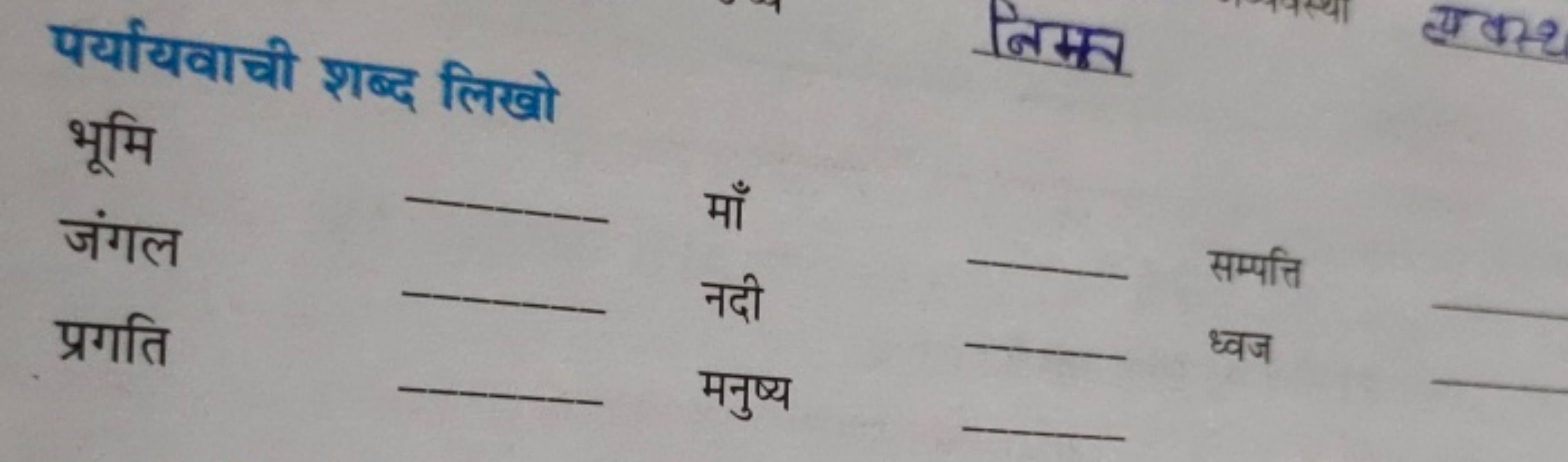 पर्यायवाची शब्द लिखो
भूमि
जंगल
माँ  
सम्पत्ति
प्रगति
नदी   
ध्वज
मनुष्