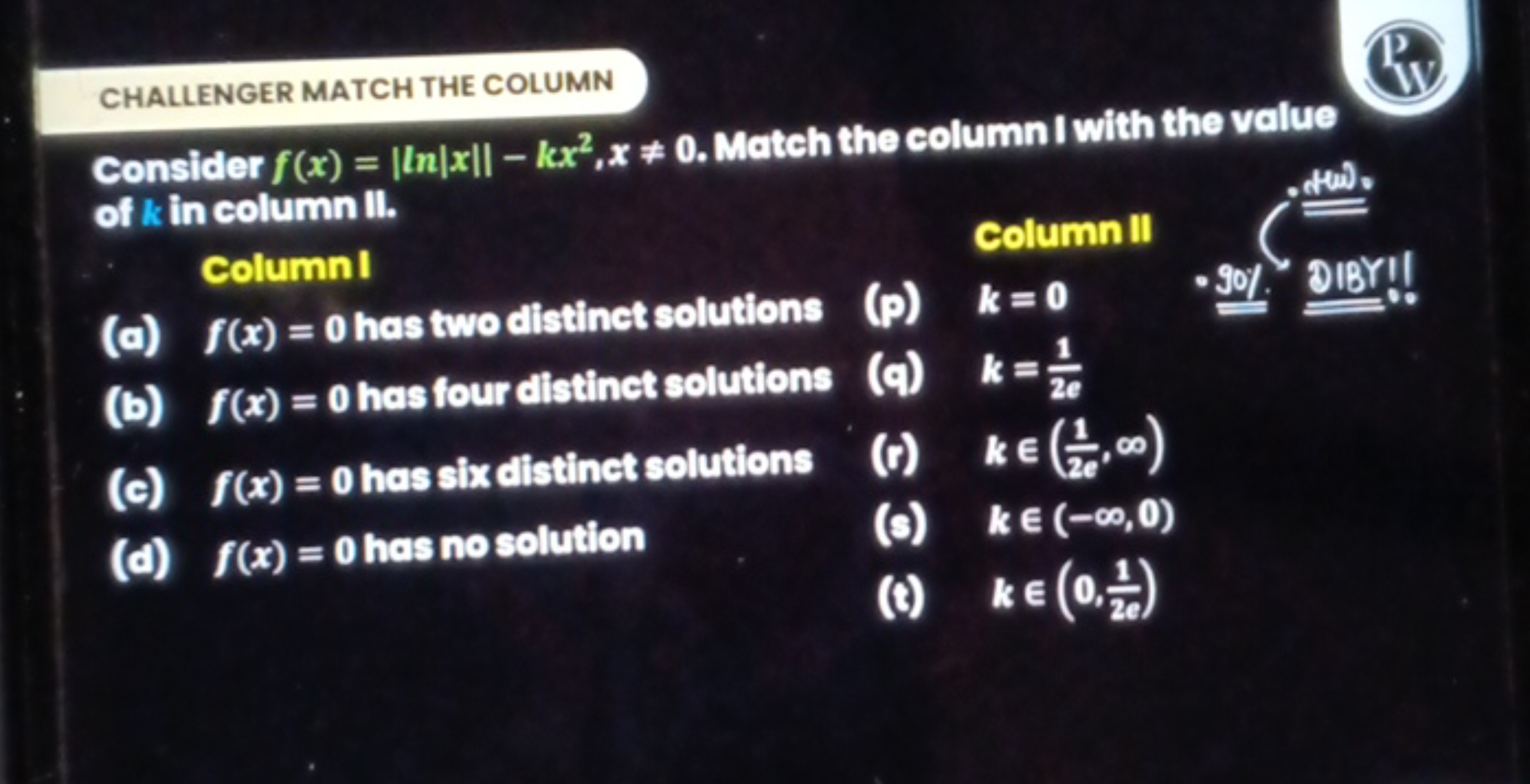 CHALLENGER MATCH THE COLUMN
(19)
Consider f(x)=∣ln∣x∣∣−kx2,x=0. Match