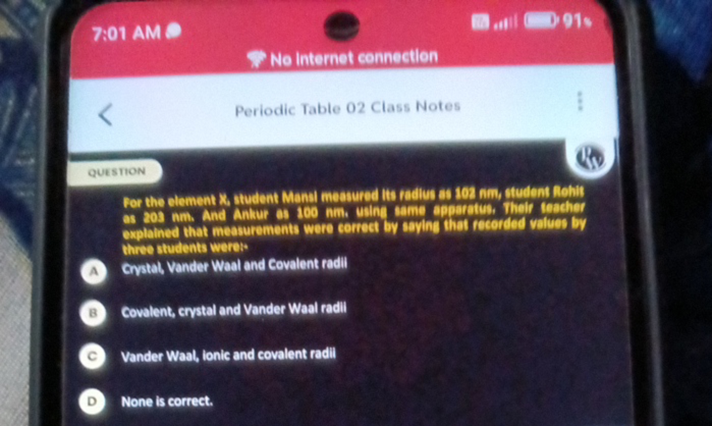 7:01 AMO
□
anII □ )

No internet connection
Periodic Table 02 Class No