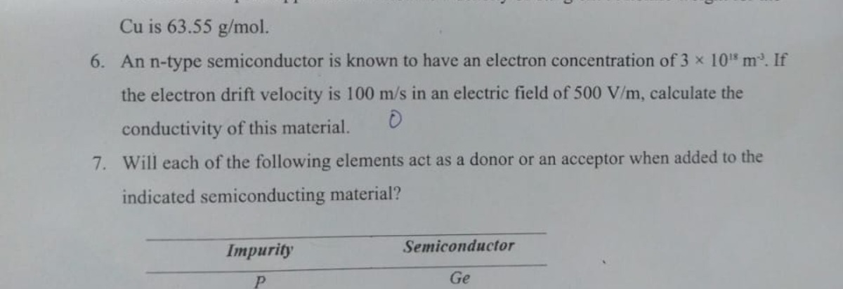 Cu is 63.55 g/mol.
6. An n-type semiconductor is known to have an elec