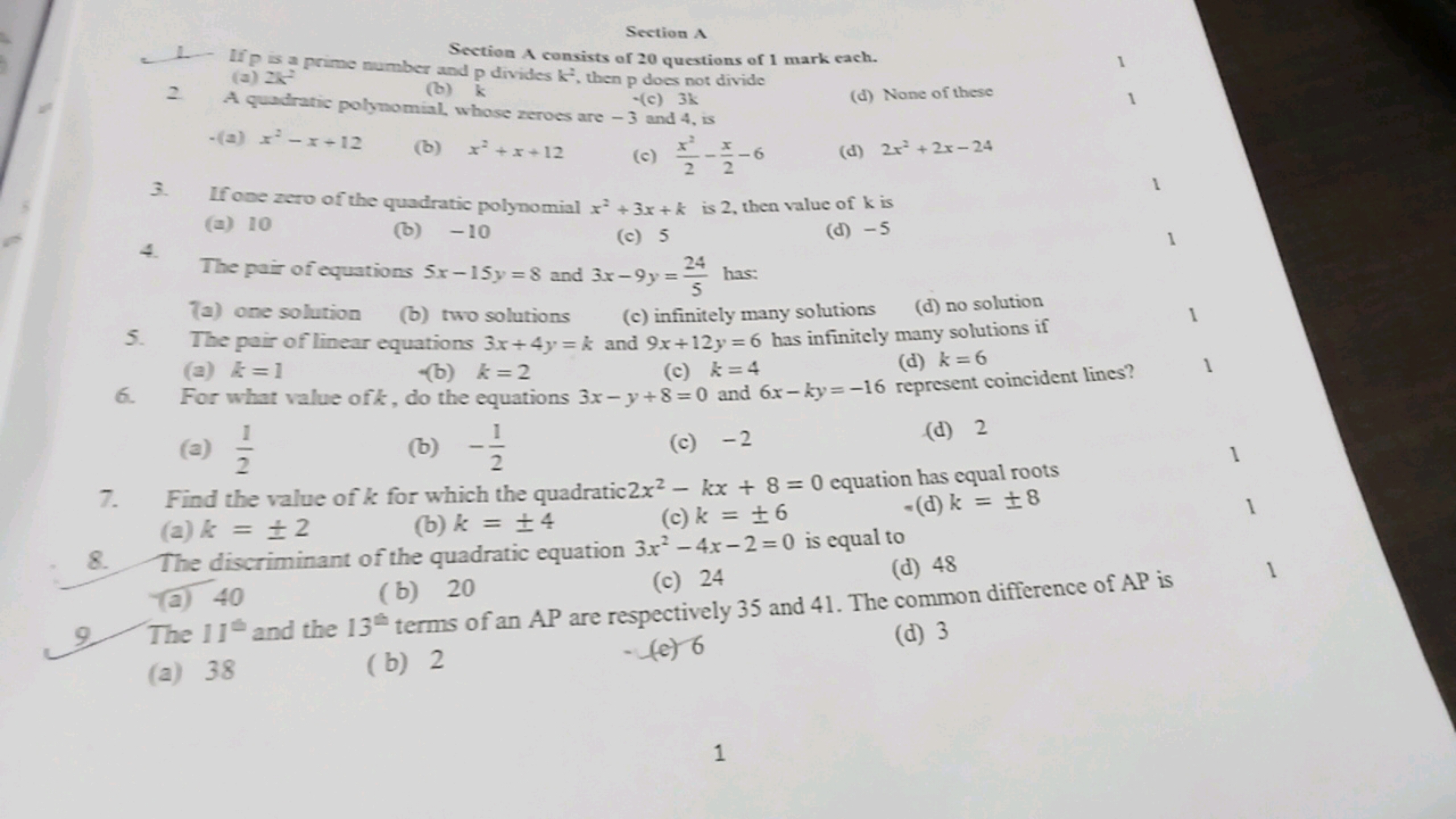 4
2
Section A
Ifpis a prime number and p divides k, then p does not di