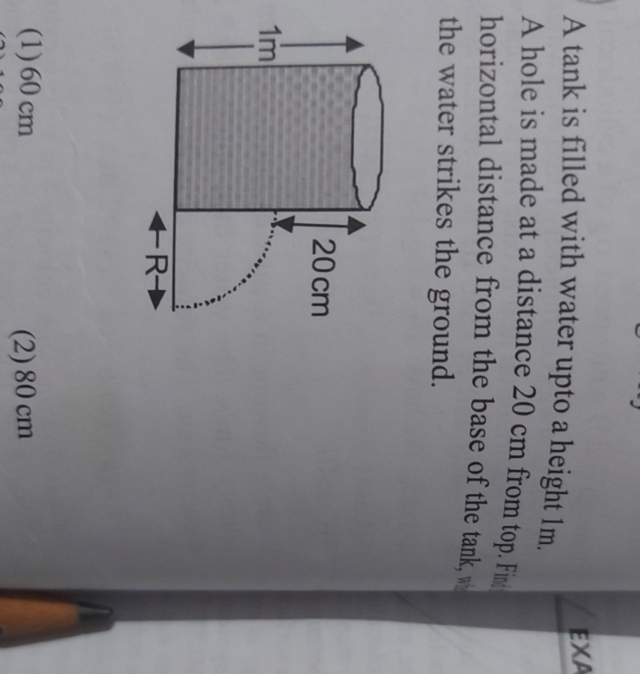 A tank is filled with water upto a height 1 m . A hole is made at a di