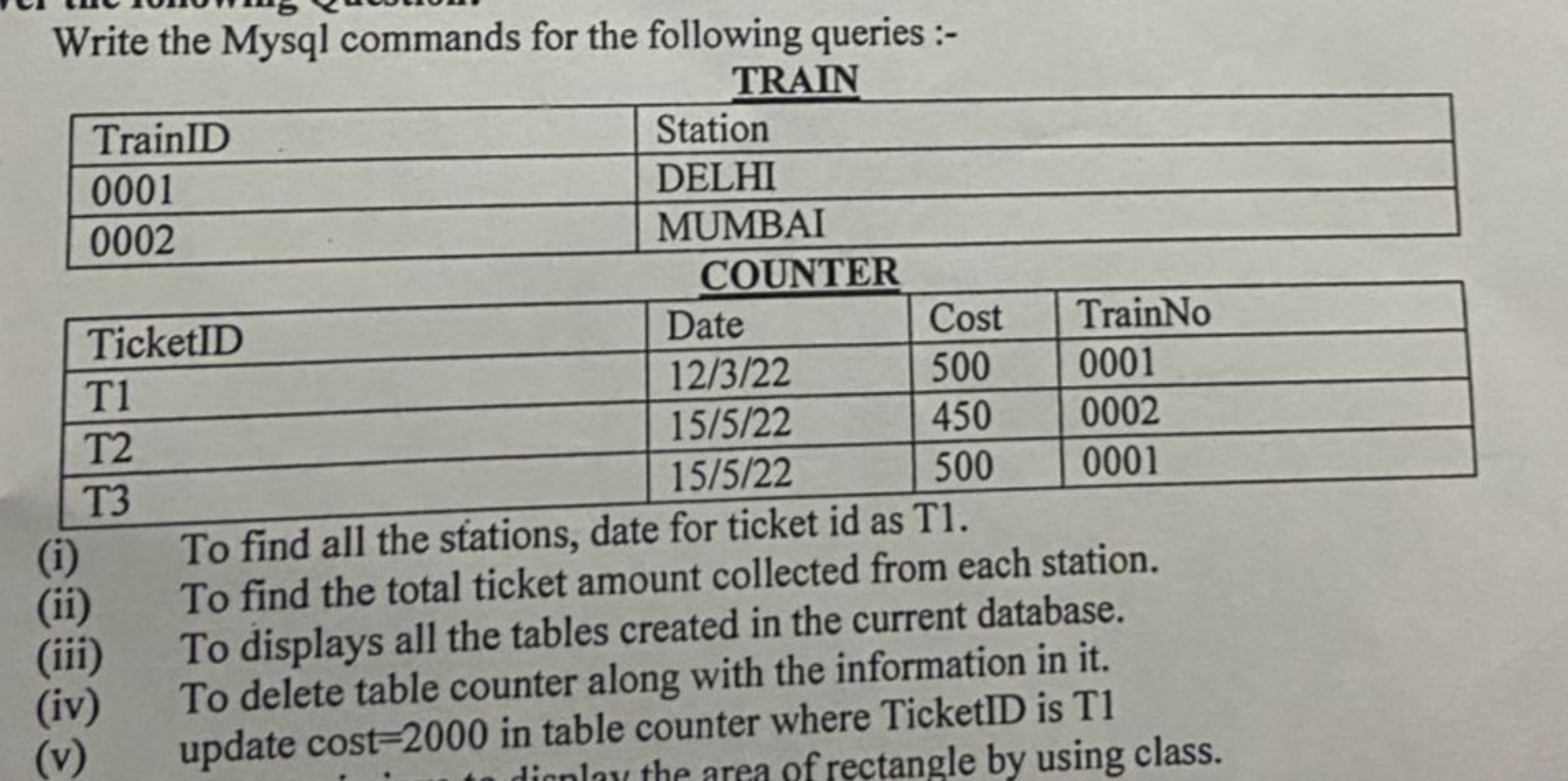 Write the Mysql commands for the following queries :-
TRAIN
\begin{tab