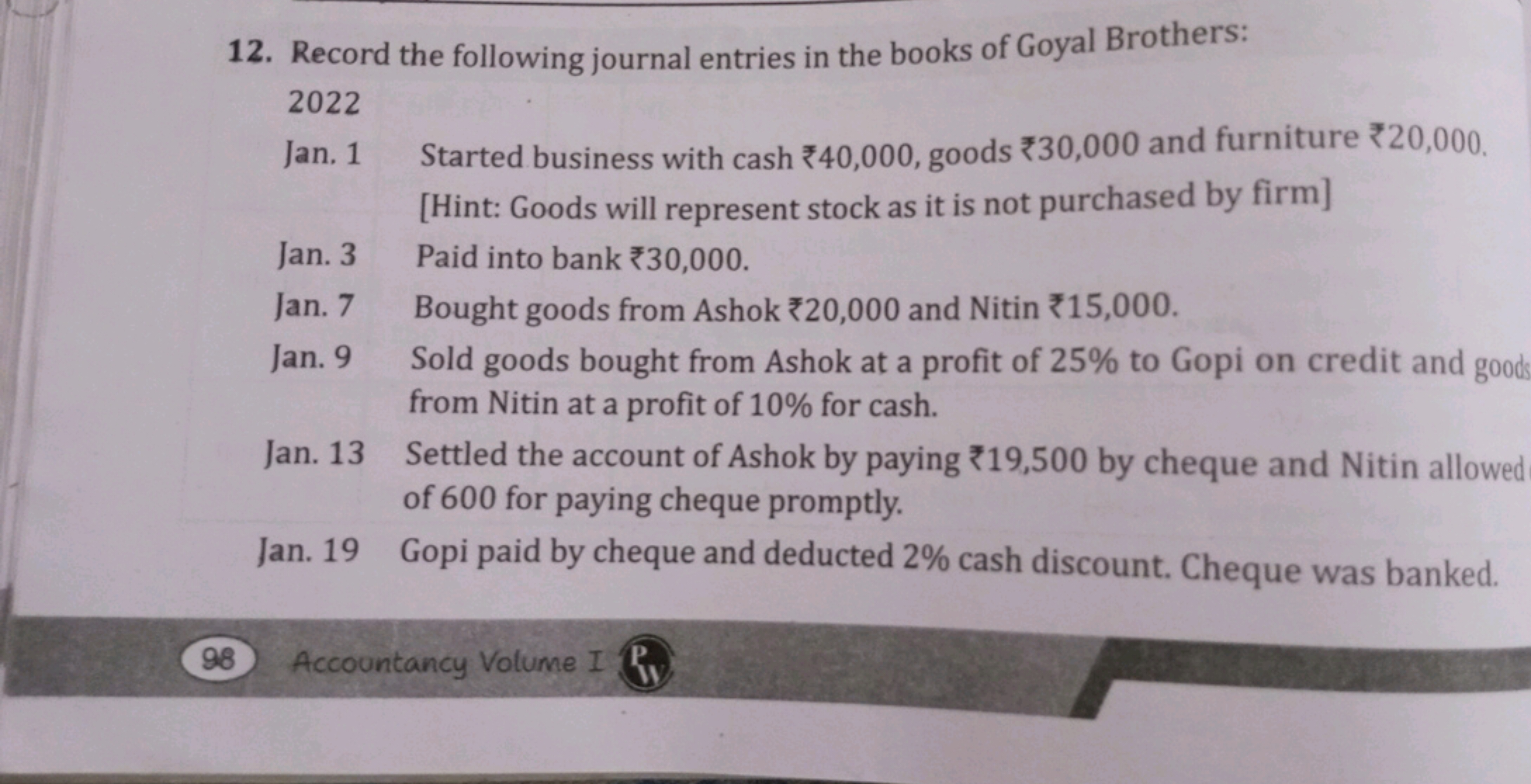 12. Record the following journal entries in the books of Goyal Brother