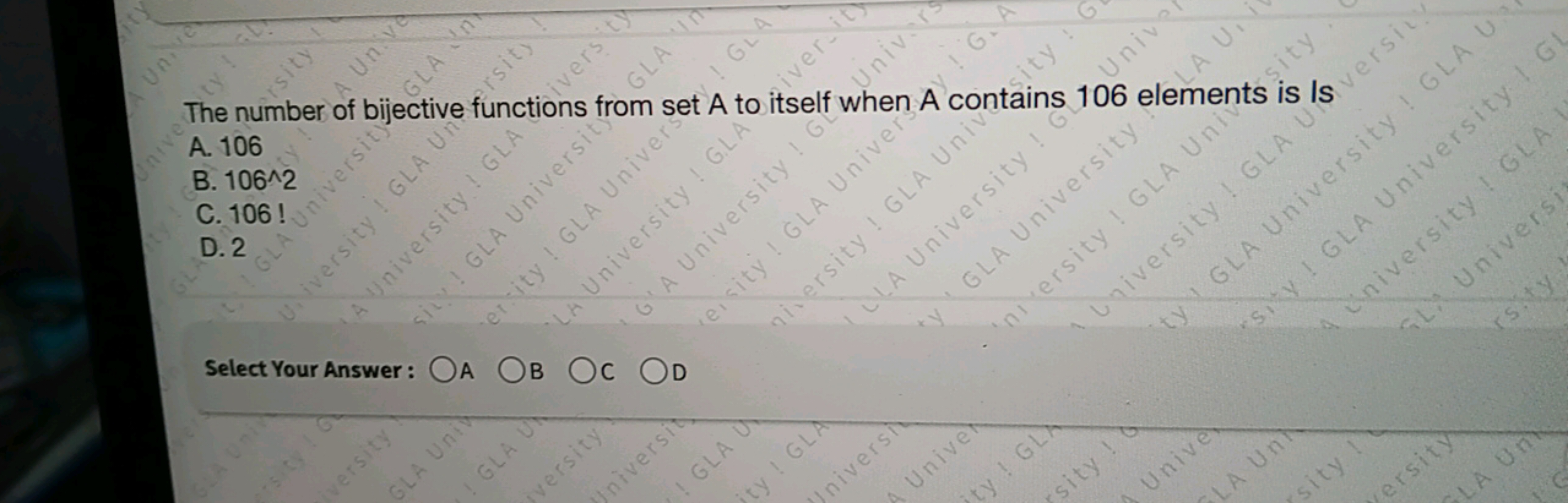 The number of bijective functions from set A to itself when A contains