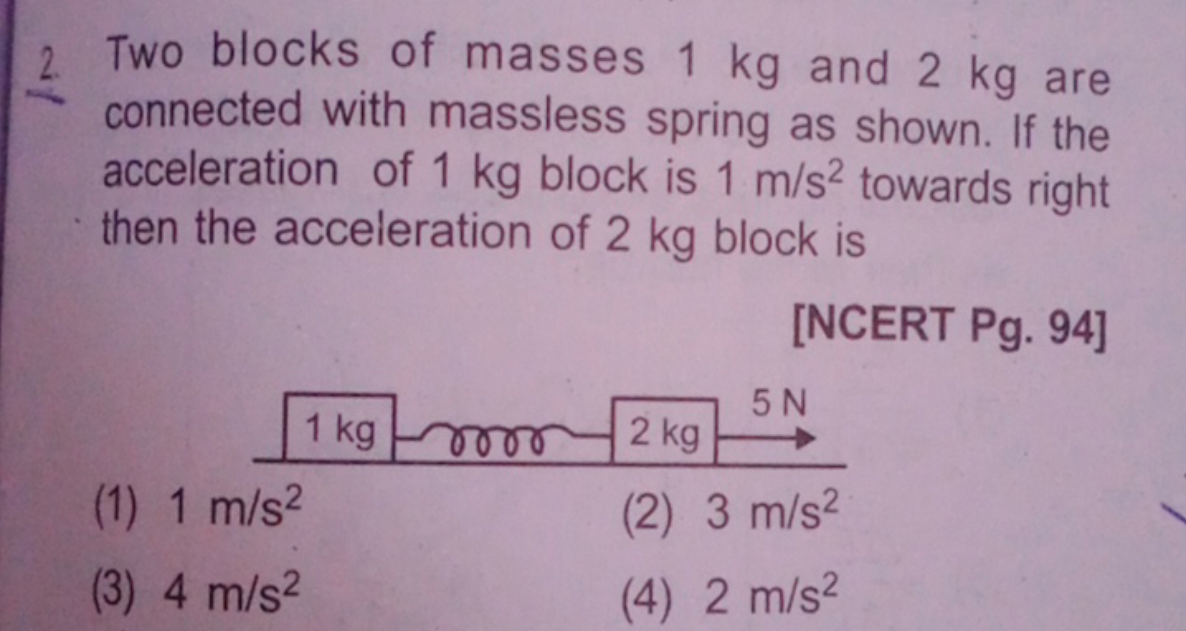 2. Two blocks of masses 1 kg and 2 kg are connected with massless spri