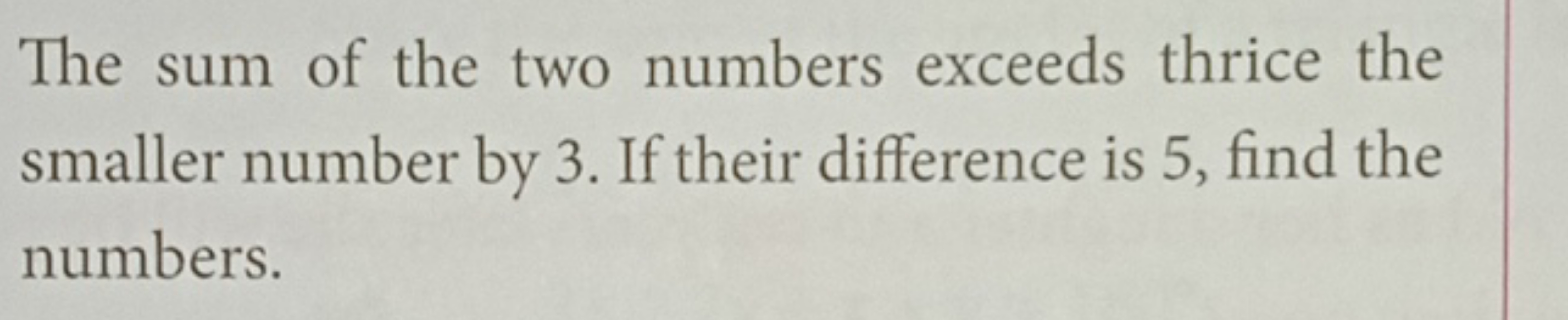 The sum of the two numbers exceeds thrice the smaller number by 3 . If