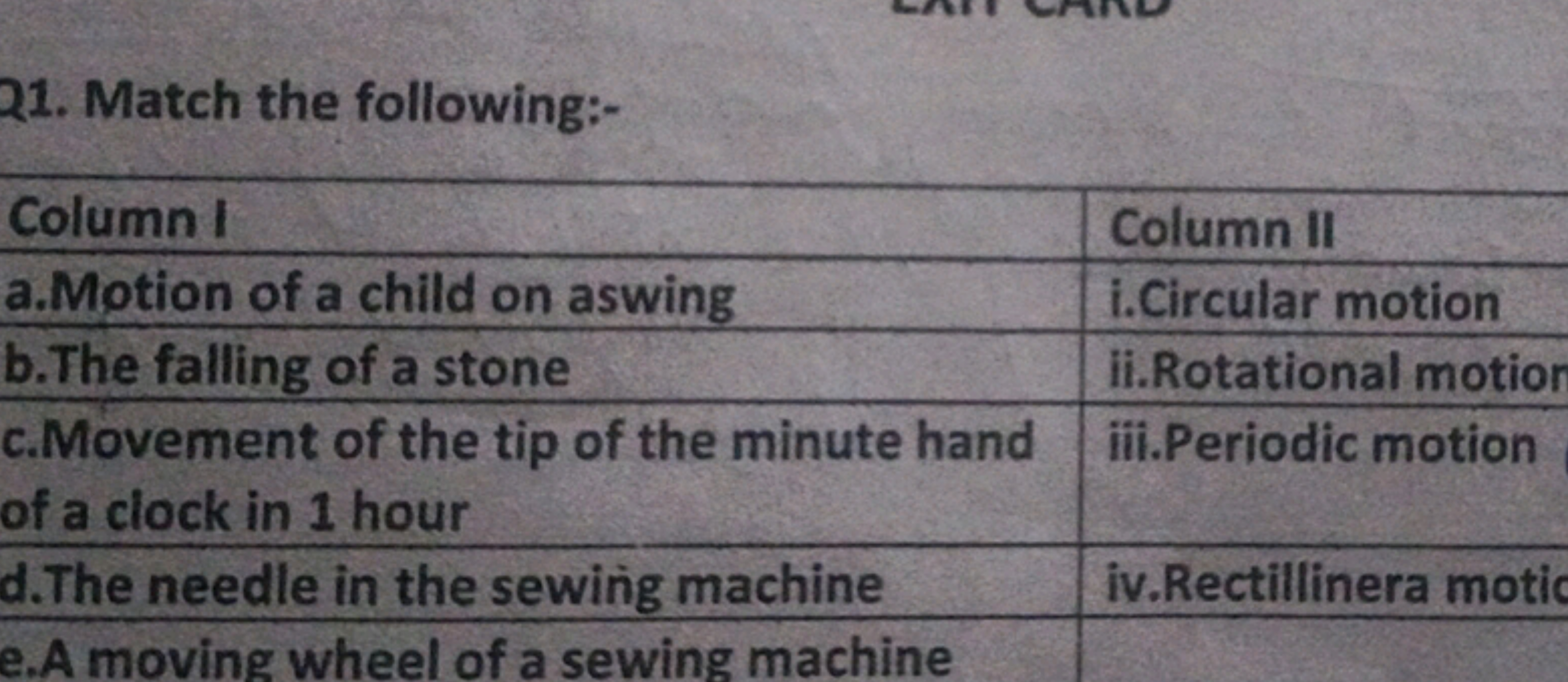 21. Match the following:-
\begin{tabular} { l | l } 
\hline Column I &