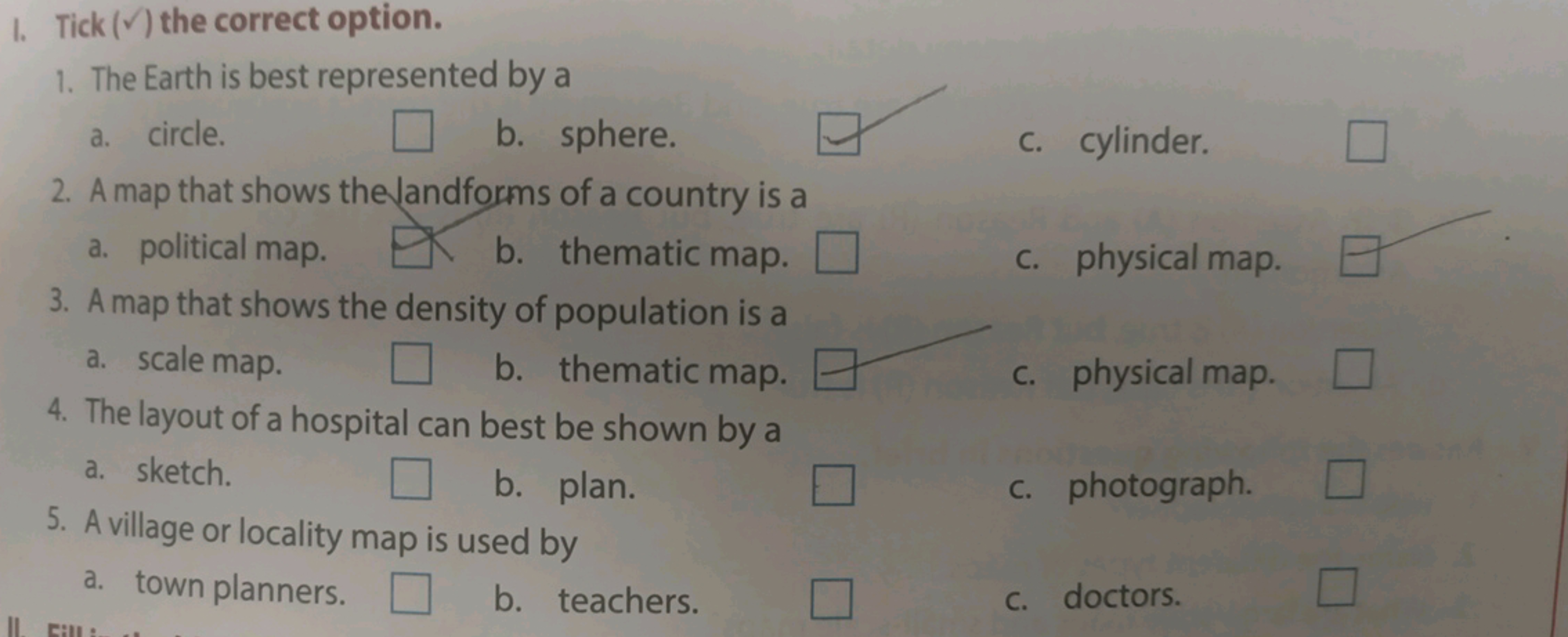 I. Tick (​) the correct option.
1. The Earth is best represented by a
