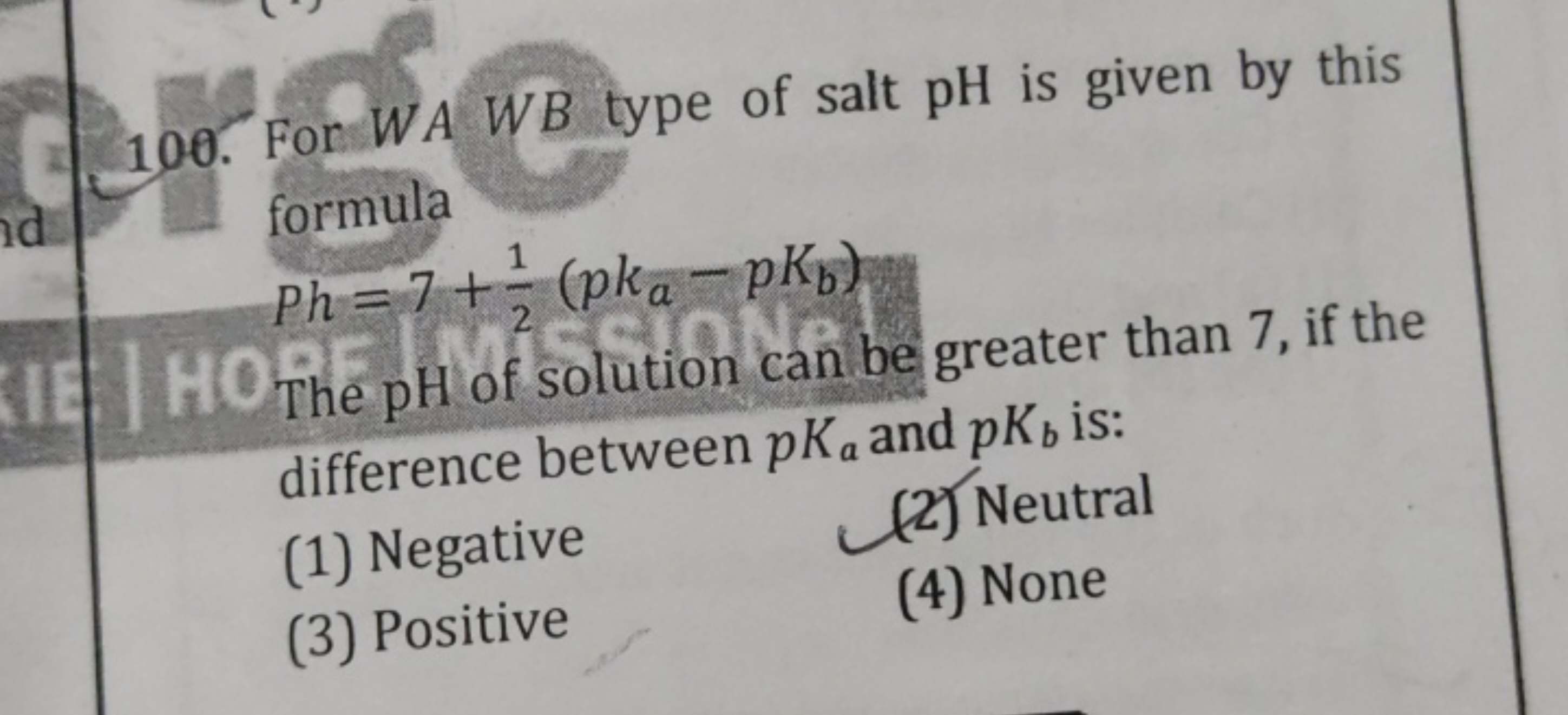 100. Fon WAWB type of salt pH is given by this formula
Ph=7+21​(pka​−p