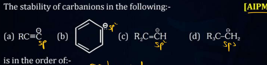 The stability of carbanions in the following:-
[AIPM
(a)
[R]C=[GeH]
(b