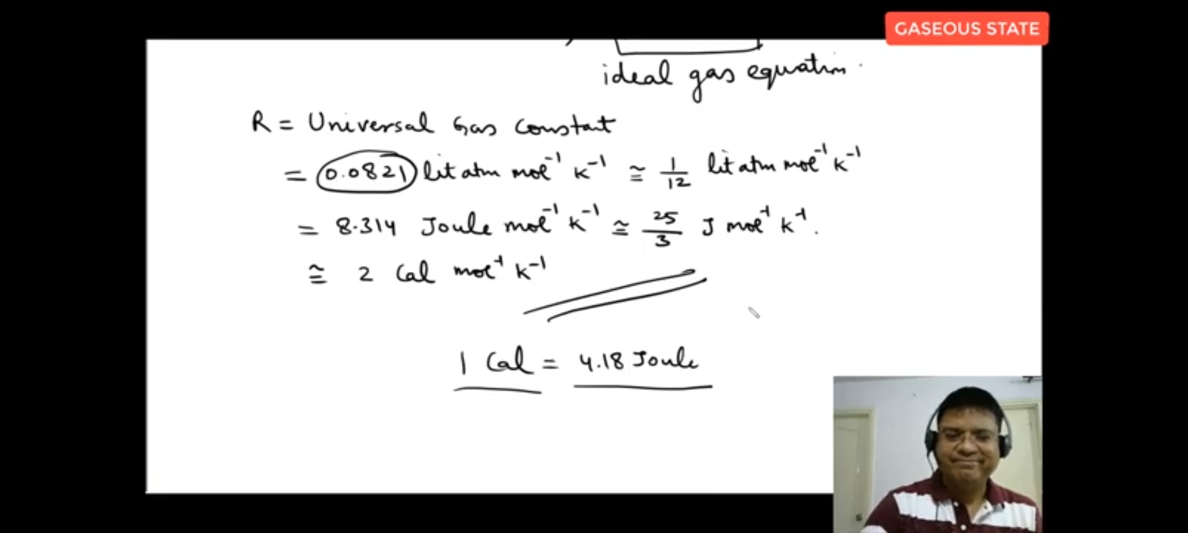 GASEOUS STATE
ideal gas equation.
R= Universal Gas constant
=0.0821 li