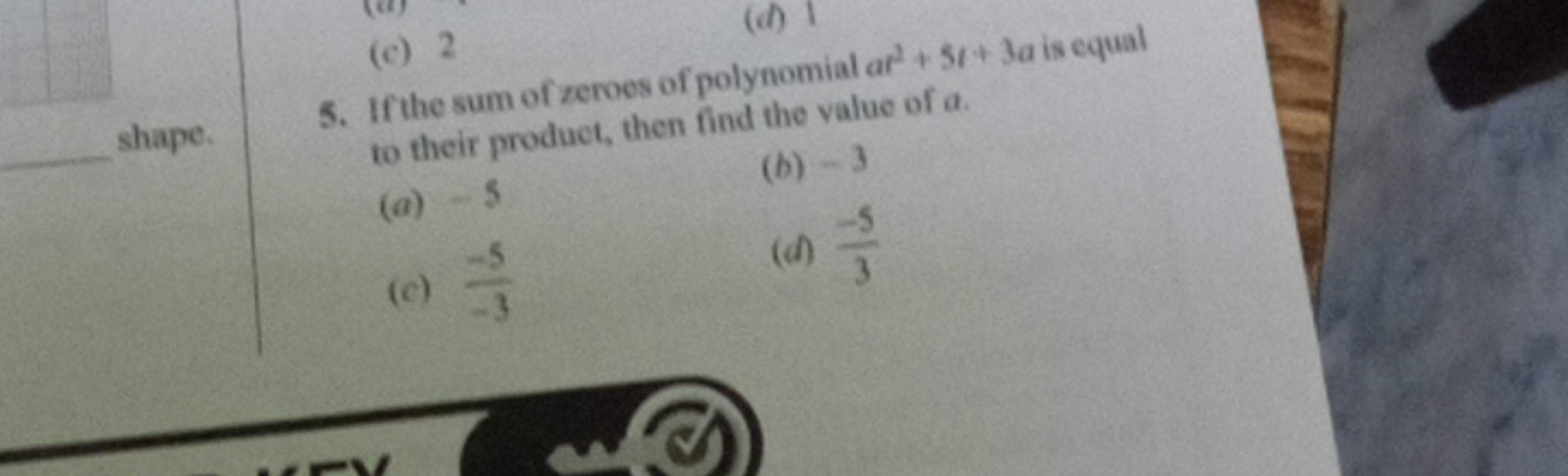 (c) 2
(d) 1 shape.
5. If the sum of zeroes of polynomial ar2+5r+3a is 