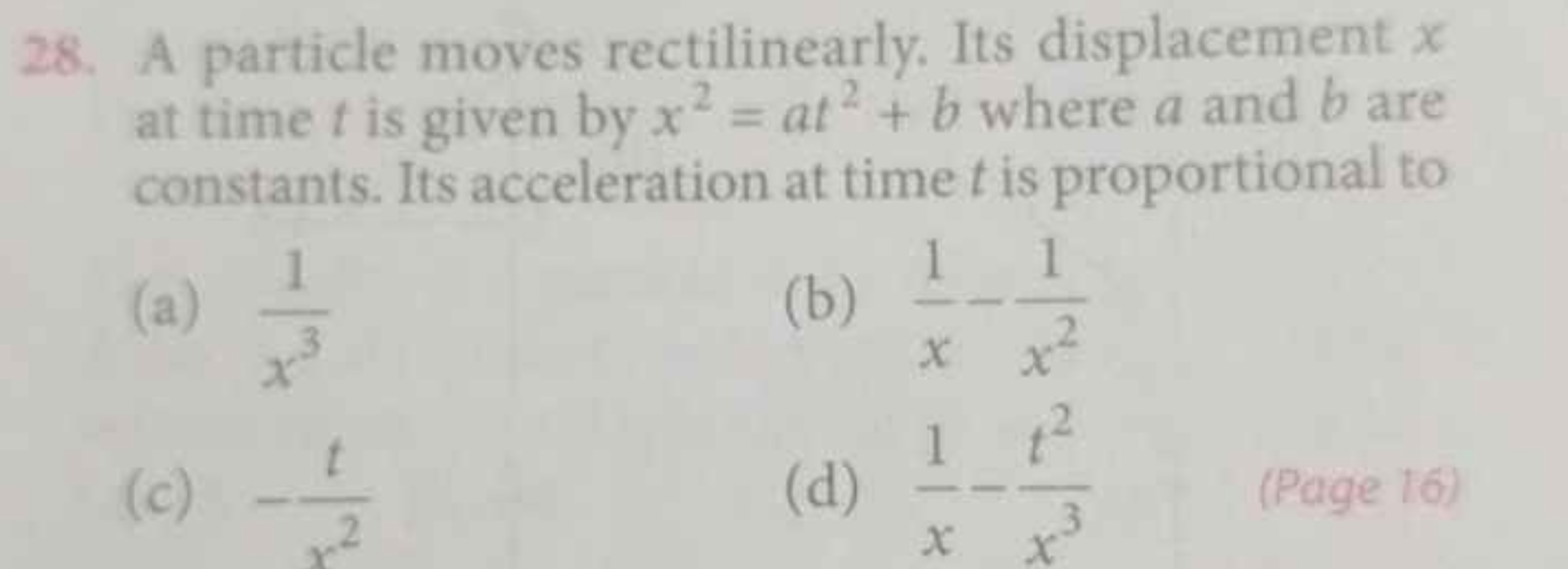 28. A particle moves rectilinearly. Its displacement x at time t is gi