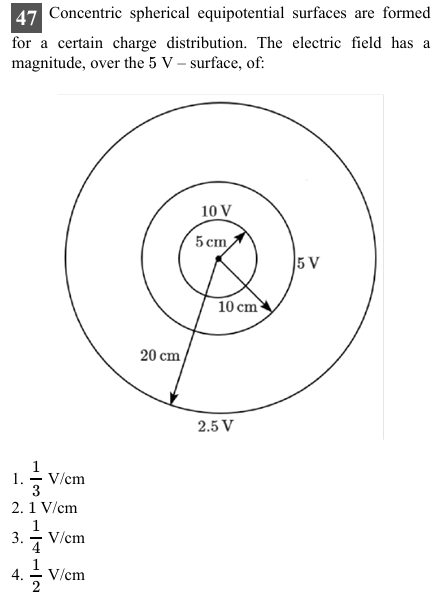 47 Concentric spherical equipotential surfaces are formed for a certai