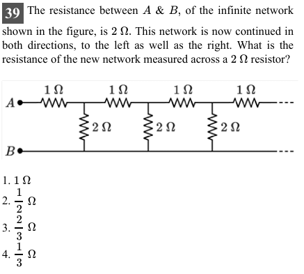 39 The resistance between A&B, of the infinite network shown in the fi