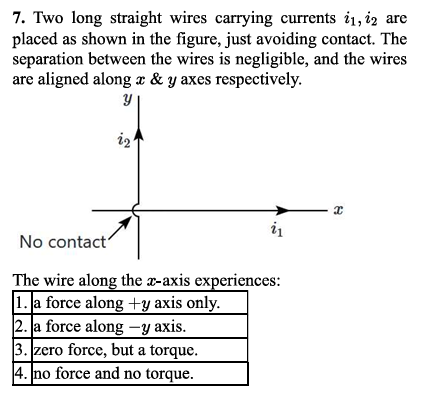 7. Two long straight wires carrying currents i1​,i2​ are placed as sho