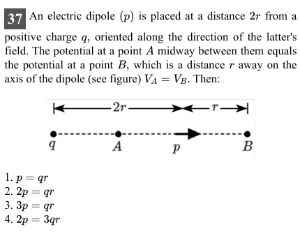 37 An electric dipole (p) is placed at a distance 2r from a positive c