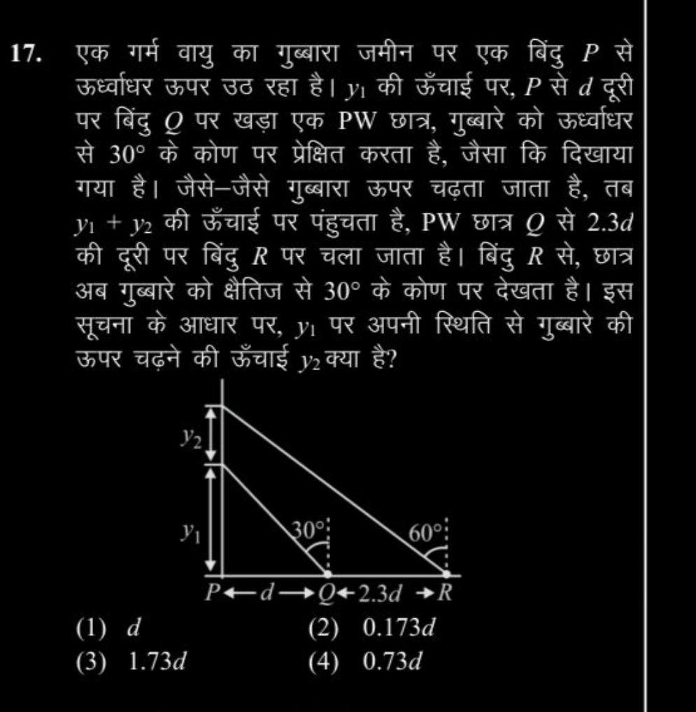 17. एक गर्म वायु का गुब्बारा जमीन पर एक बिंदु P से ऊर्ध्वाधर ऊपर उठ रह